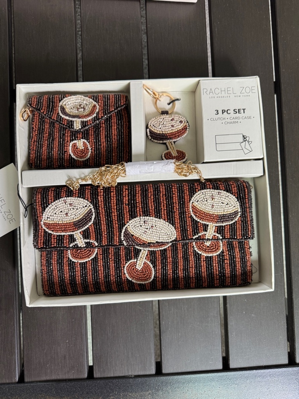 Rachel Zoe Espresso Martini Beaded Clutch  Card Case Charm Set 3 Pc Set